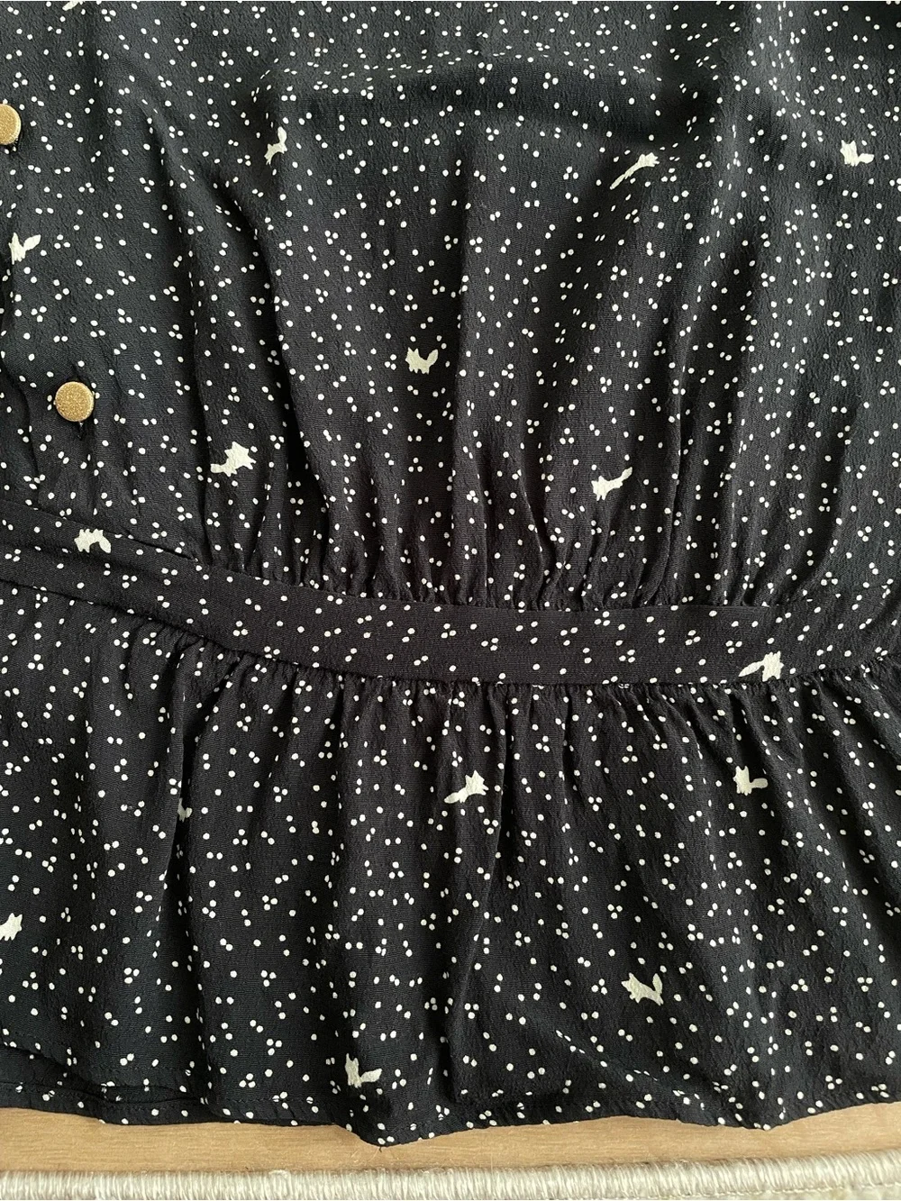 DES PETITS HAUTS Black Long Sleeve Peplum Button Top with White Micro Print - Picture 6 of 15